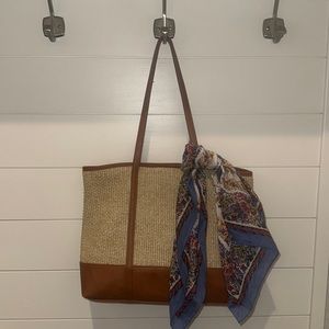 Talbots Straw Tote with Brown Leather Trim